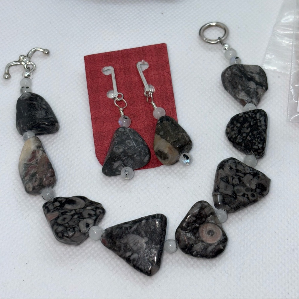 Fossil Stone, 925 & Tourmalinated Quartz Jewelry Set